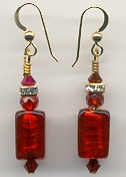 Red, Skinny Rectangle, Venetian Bead earrings
